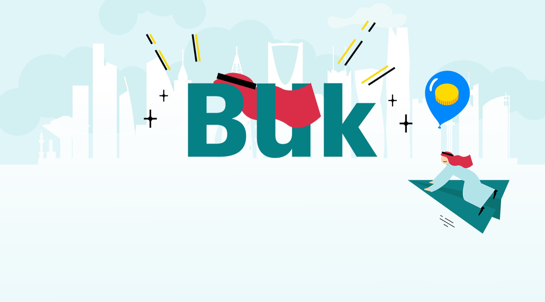 BUK game key art: a player on a paper plane over a city skyline