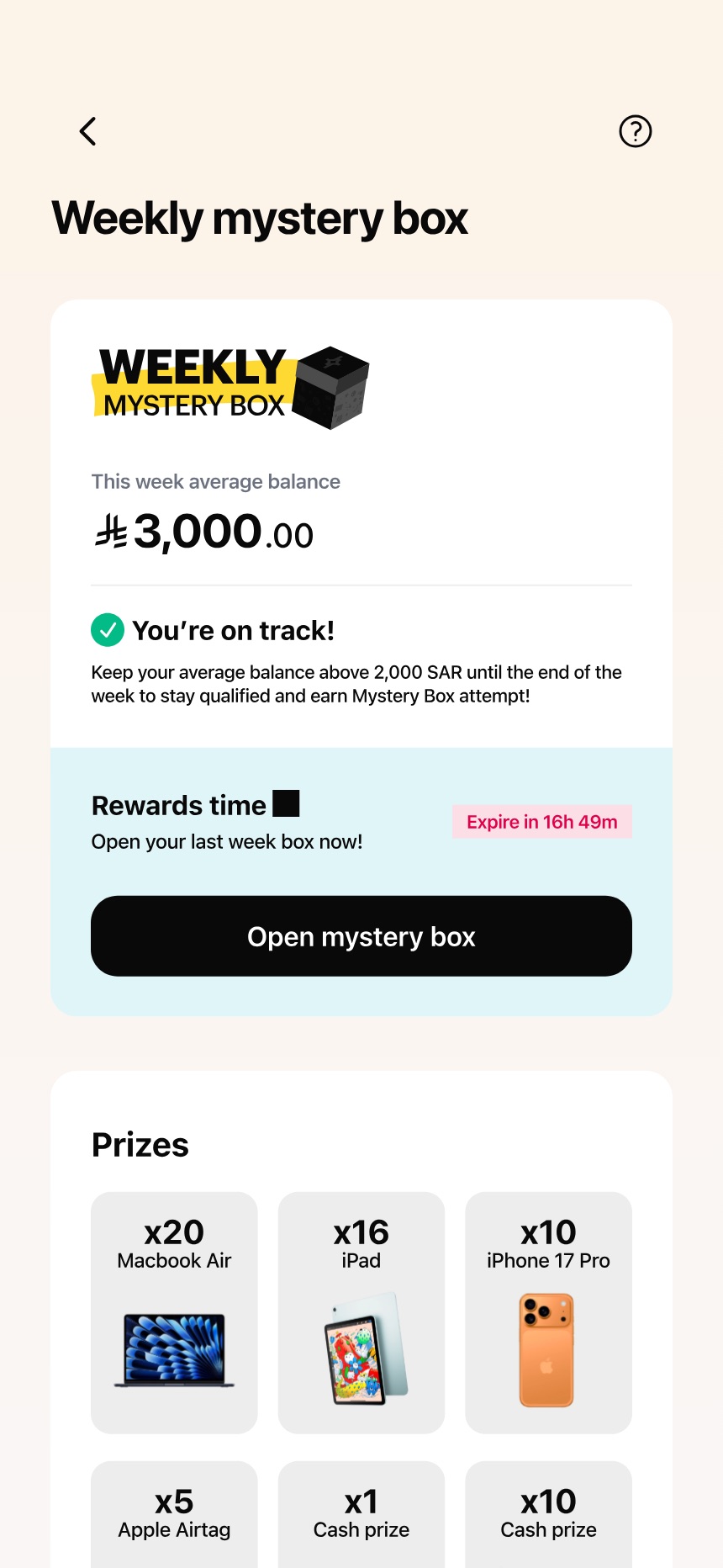barq Weekly Mystery Box screen showing average balance and prizes